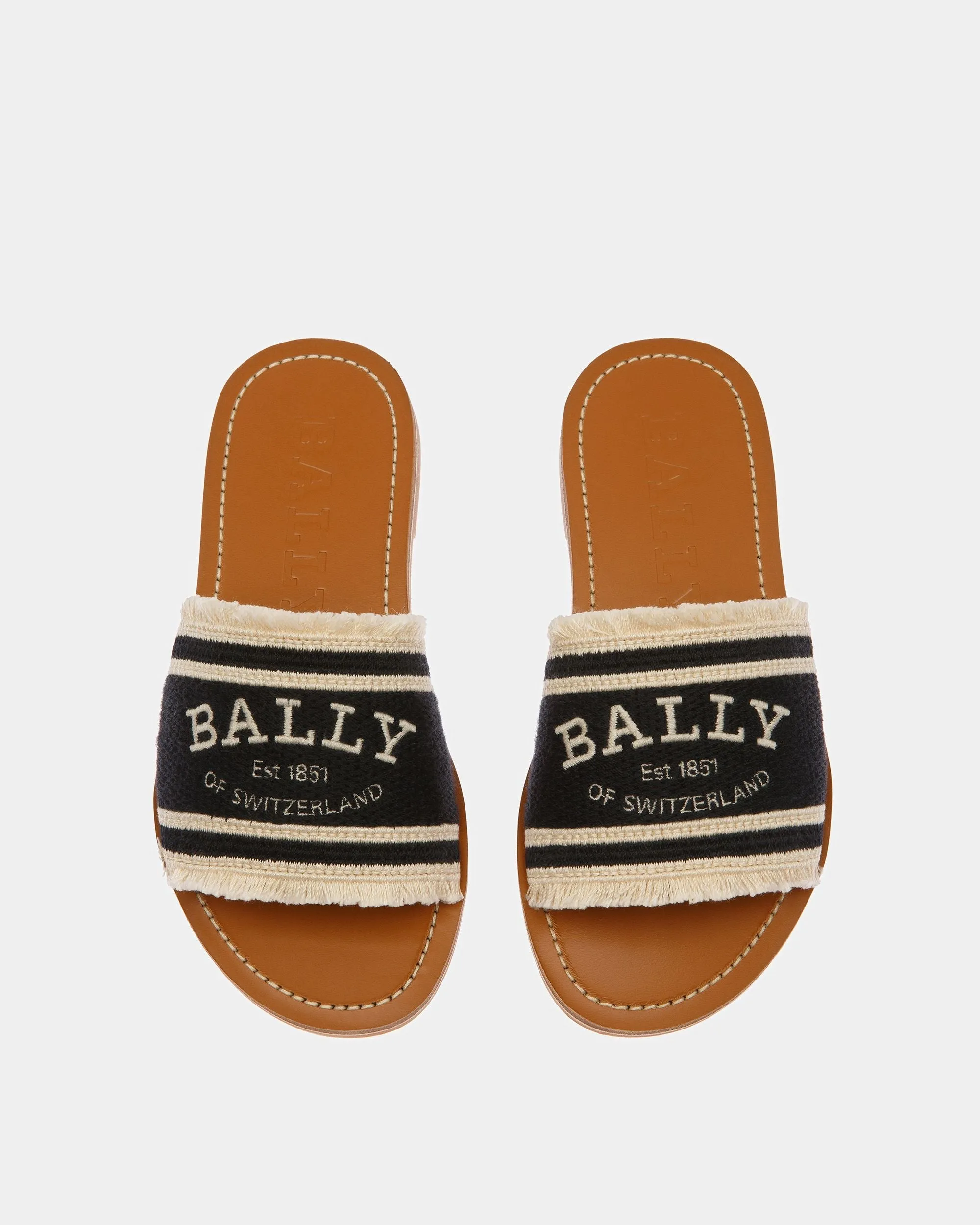 Bianka Flat Fabric Slides In Black And Bone