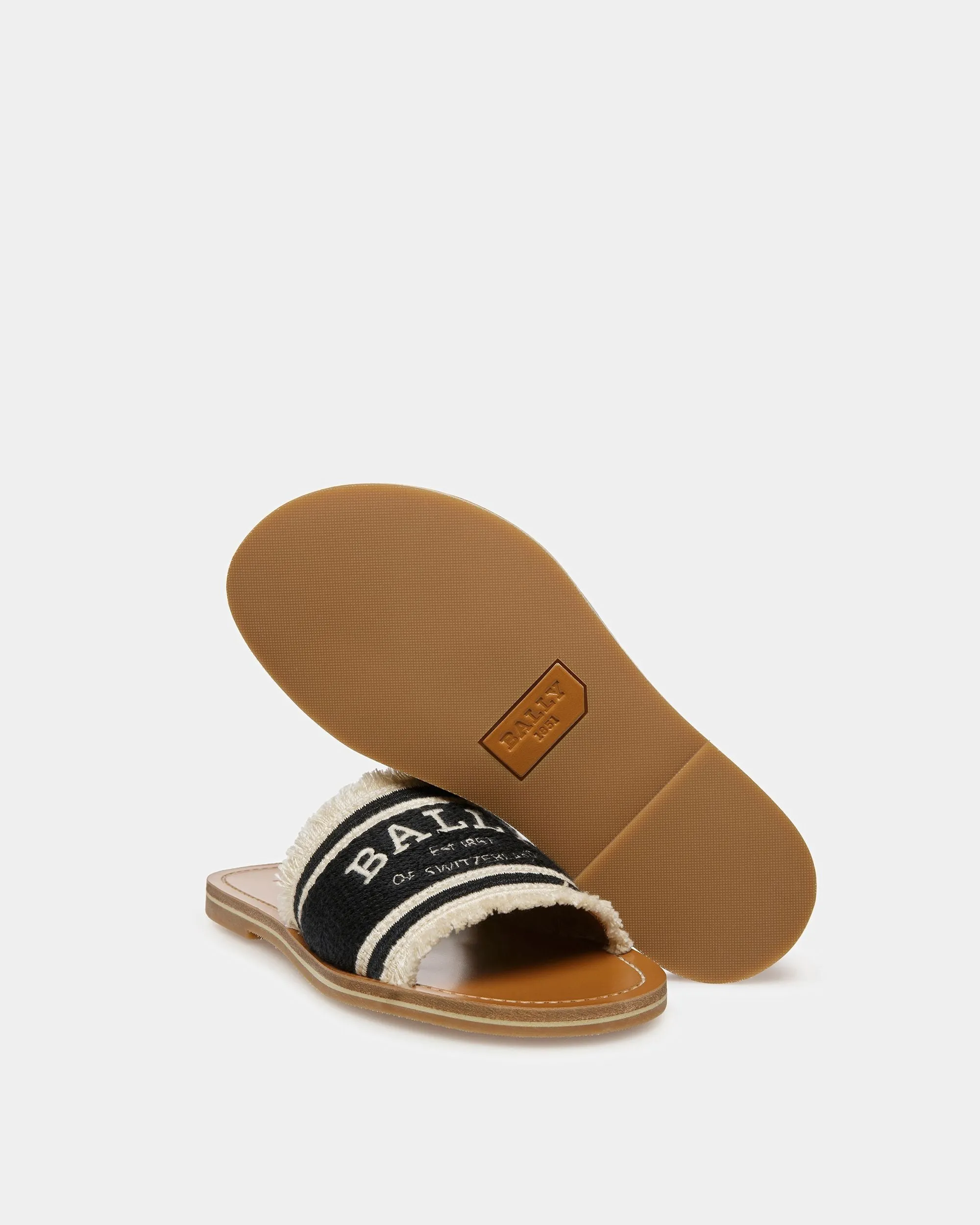 Bianka Flat Fabric Slides In Black And Bone
