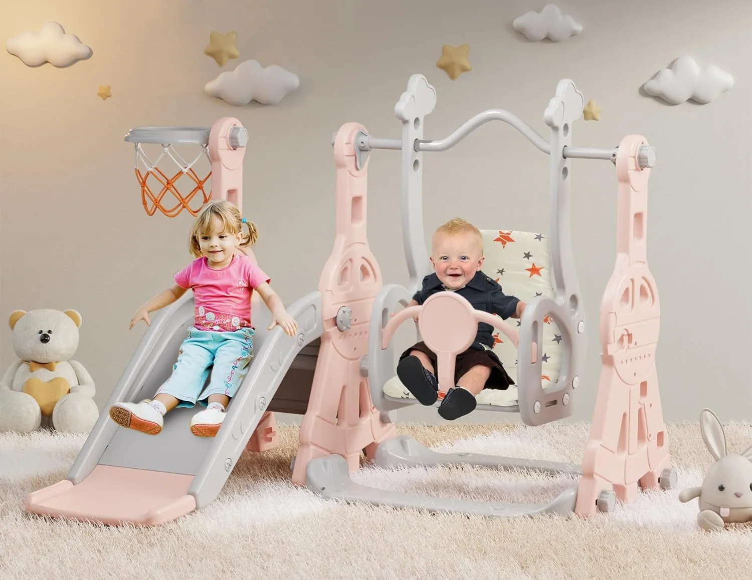 BIERUM 4 in 1 Toddler Slide and Swing Set, Baby Slide for Toddlers Age 1-2, with Basketball Hoop, Indoor Outdoor Slide Playset Toddler Playground Pink