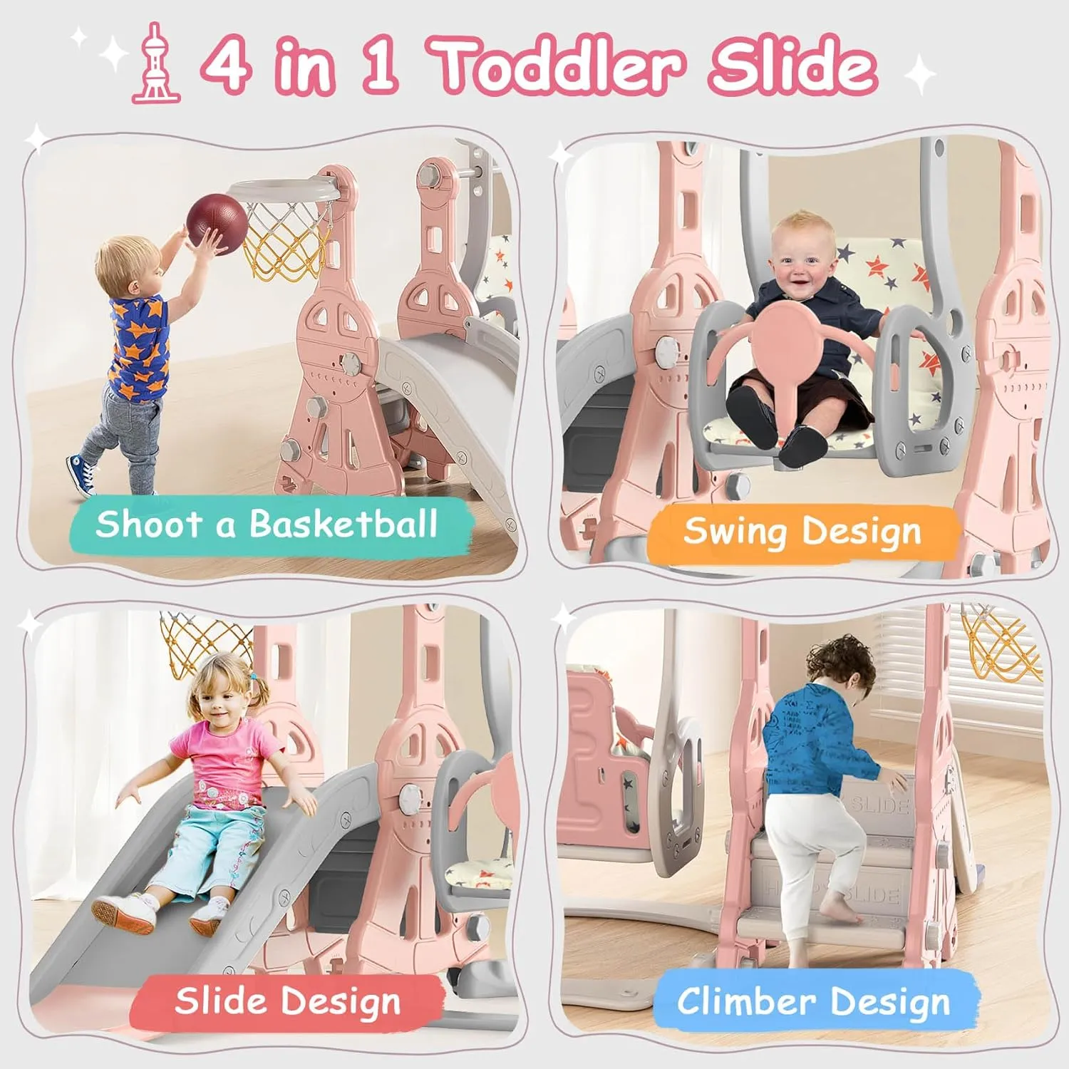 BIERUM 4 in 1 Toddler Slide and Swing Set, Baby Slide for Toddlers Age 1-2, with Basketball Hoop, Indoor Outdoor Slide Playset Toddler Playground Pink