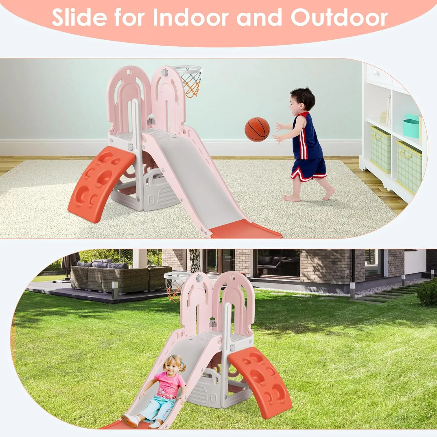 BIERUM 4 in 1 Toddler Slide, Climbing Theme Baby Slide for Toddlers Age 1-3 with Basketball Hoop and Ball, Indoor Outdoor Backyard Playground Pink Orange
