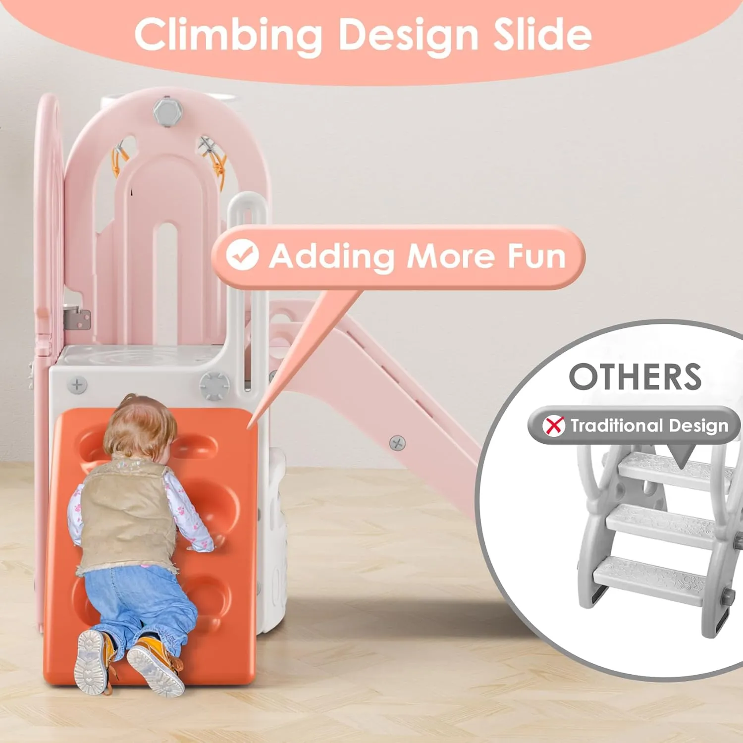 BIERUM 4 in 1 Toddler Slide, Climbing Theme Baby Slide for Toddlers Age 1-3 with Basketball Hoop and Ball, Indoor Outdoor Backyard Playground Pink Orange