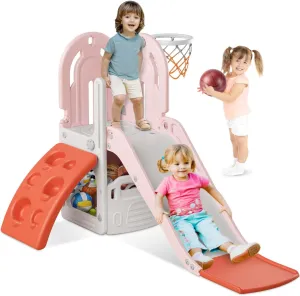 BIERUM 4 in 1 Toddler Slide, Climbing Theme Baby Slide for Toddlers Age 1-3 with Basketball Hoop and Ball, Indoor Outdoor Backyard Playground Pink Orange