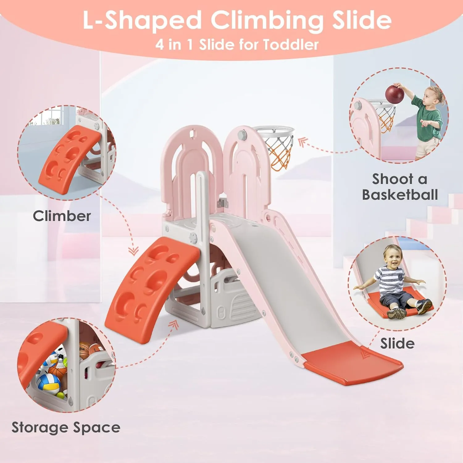 BIERUM 4 in 1 Toddler Slide, Climbing Theme Baby Slide for Toddlers Age 1-3 with Basketball Hoop and Ball, Indoor Outdoor Backyard Playground Pink Orange