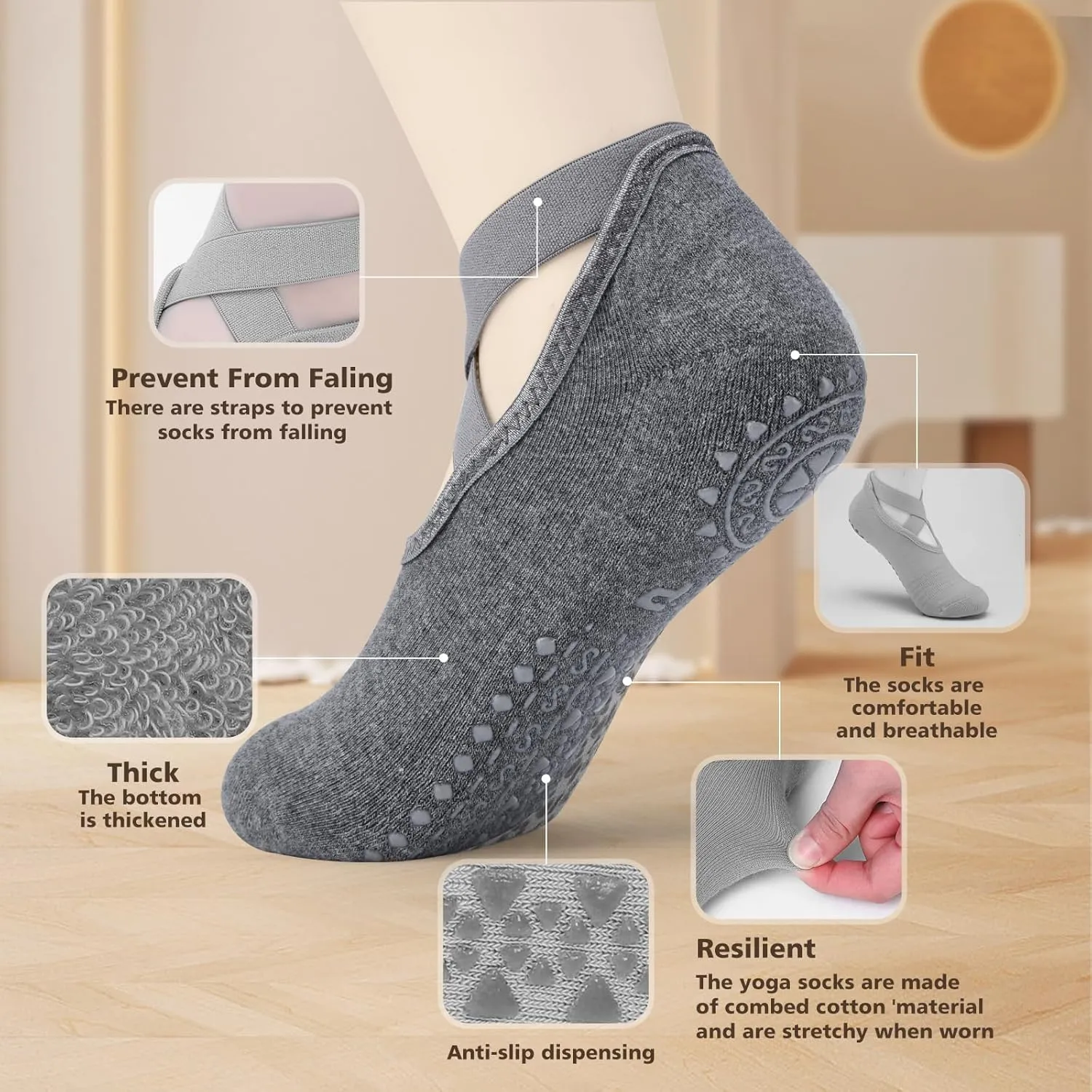 BKP Yoga socks for women 6 Pairs,Pilates socks with Grips for women,Non slip socks for Ballet,Dance,Home,Barefoot