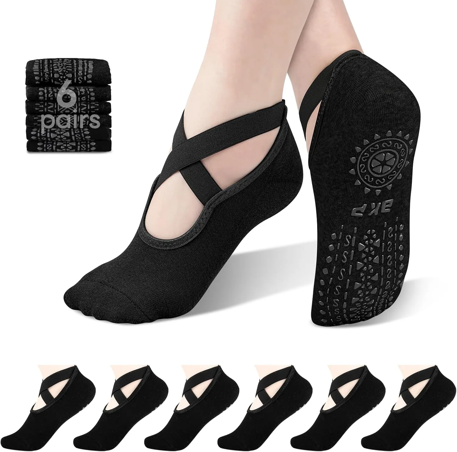 BKP Yoga socks for women 6 Pairs,Pilates socks with Grips for women,Non slip socks for Ballet,Dance,Home,Barefoot