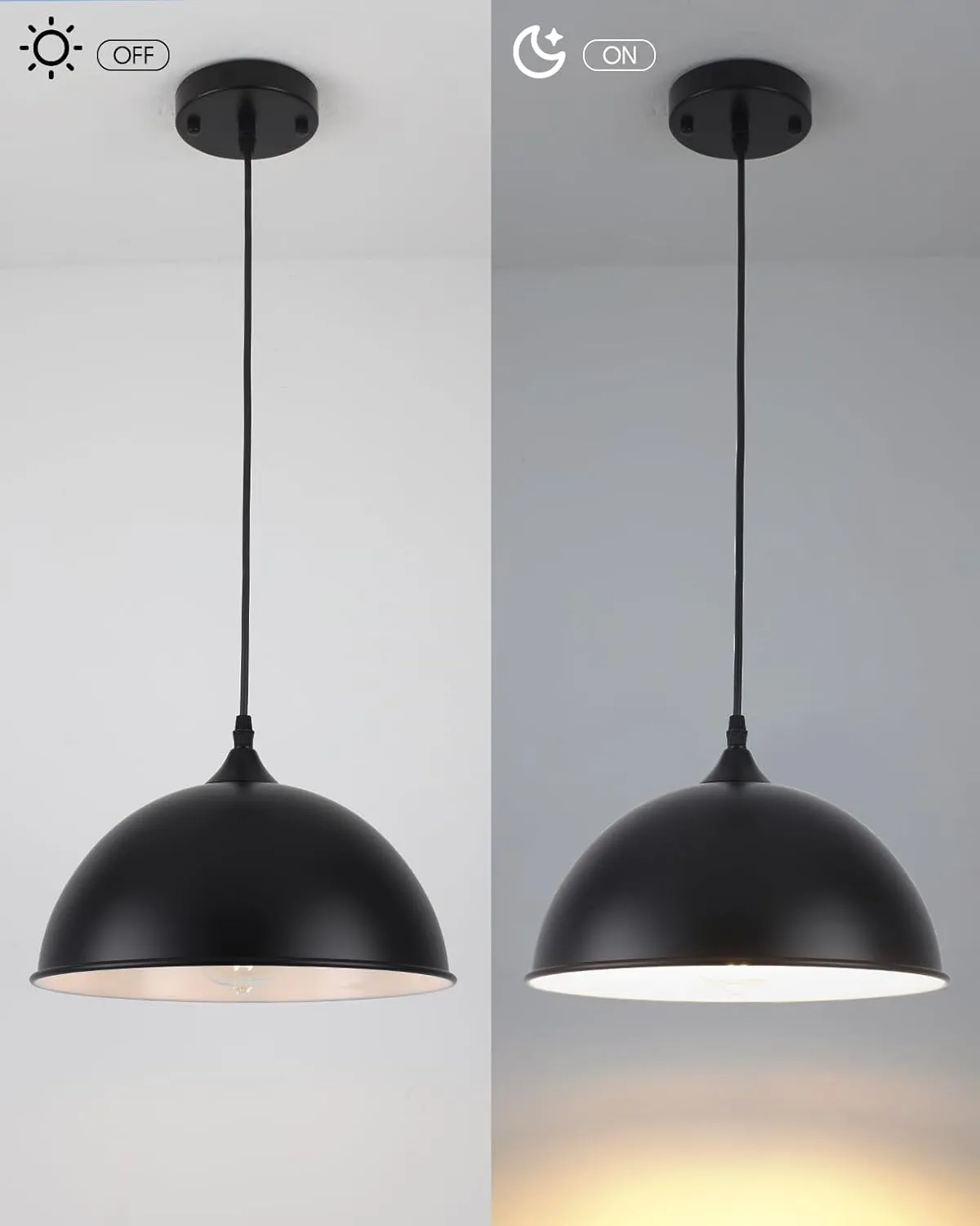 Black Pendant Lights Kitchen Island 2 Pack, 11.8" Farmhouse Dome Pendant Light, Adjustable Height Ceiling Hanging Lamp for Dining Room Bedroom