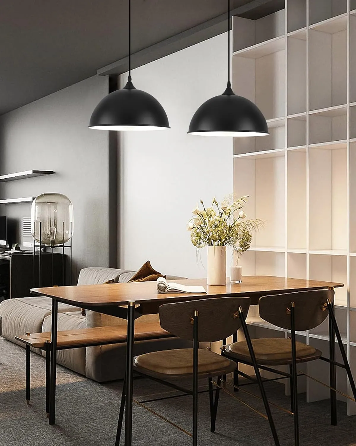Black Pendant Lights Kitchen Island 2 Pack, 11.8" Farmhouse Dome Pendant Light, Adjustable Height Ceiling Hanging Lamp for Dining Room Bedroom