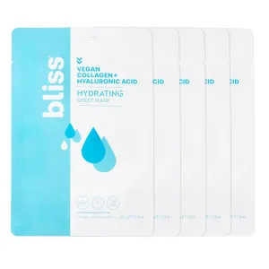 Bliss Hyaluronic Acid   Vegan Collagen Sheet Mask to Hydrate & Plump Skin, Cruelty-Free, Vegan and 100% Biodegradable, 5 pack
