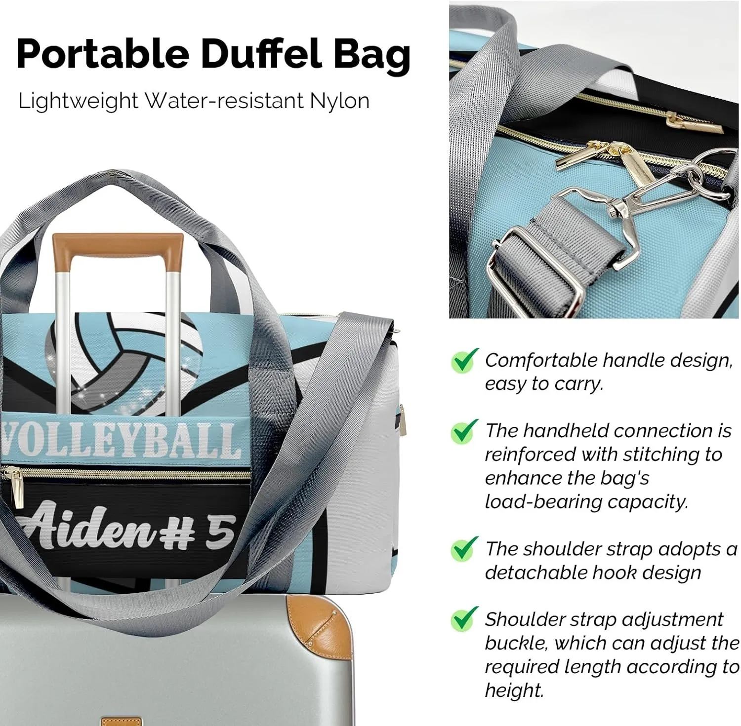 Blue Volleyball Waterproof Duffel Bag Adjustable Shoulder Strap Perform Training Travel Bag for Boys Girls Teens Women Men