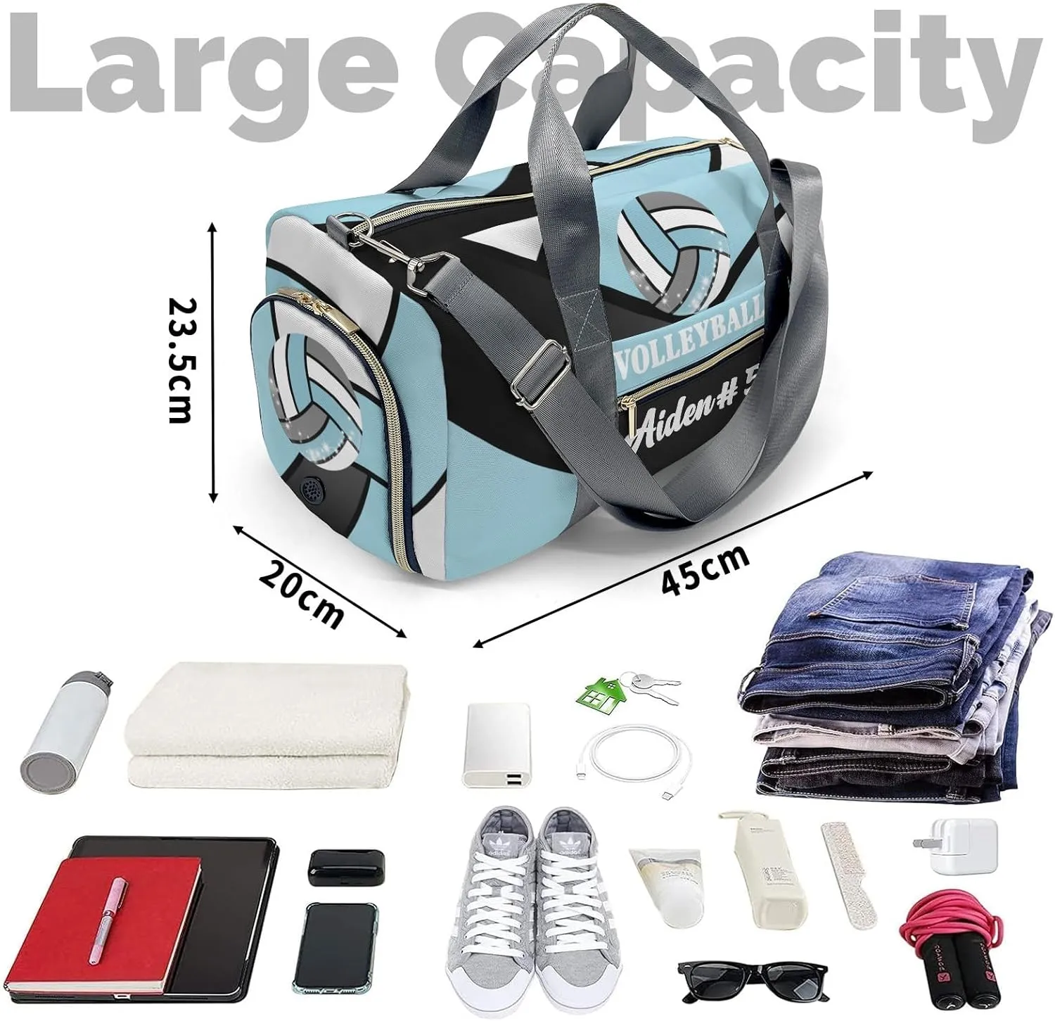 Blue Volleyball Waterproof Duffel Bag Adjustable Shoulder Strap Perform Training Travel Bag for Boys Girls Teens Women Men