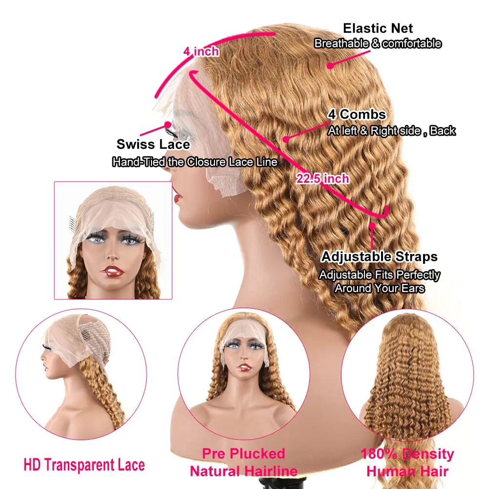 BLY Light Brown Colored 10A Human Hair Blonde Wig Lace Front for Women 13x4 HD Transparent Pre Plucked Deep Wave Curly Glueless Wigs 180% Density #27 Color 22 Inch