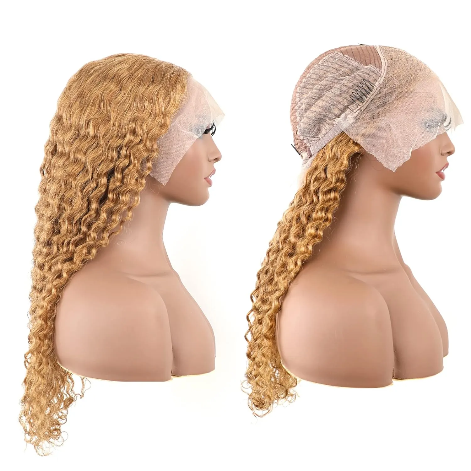 BLY Light Brown Colored 10A Human Hair Blonde Wig Lace Front for Women 13x4 HD Transparent Pre Plucked Deep Wave Curly Glueless Wigs 180% Density #27 Color 22 Inch