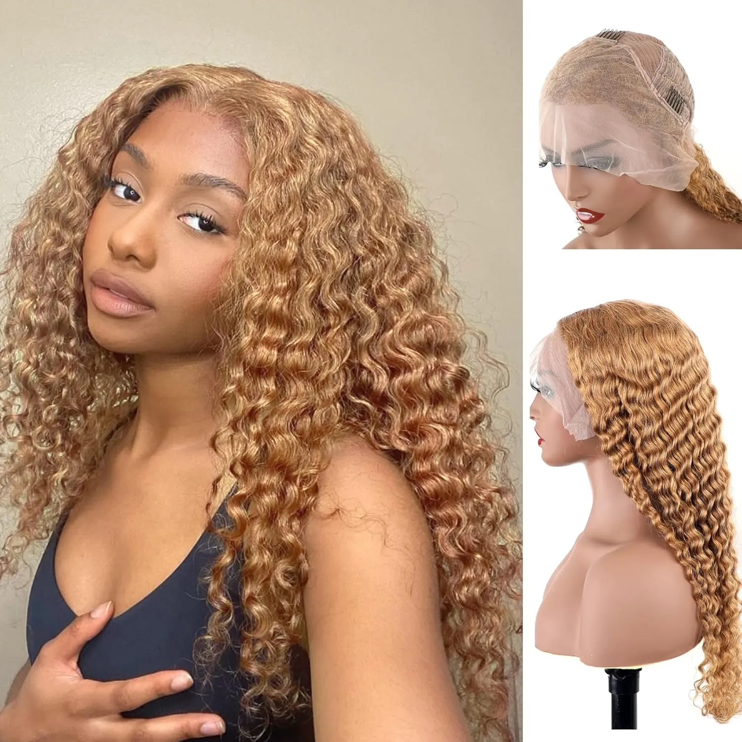 BLY Light Brown Colored 10A Human Hair Blonde Wig Lace Front for Women 13x4 HD Transparent Pre Plucked Deep Wave Curly Glueless Wigs 180% Density #27 Color 22 Inch