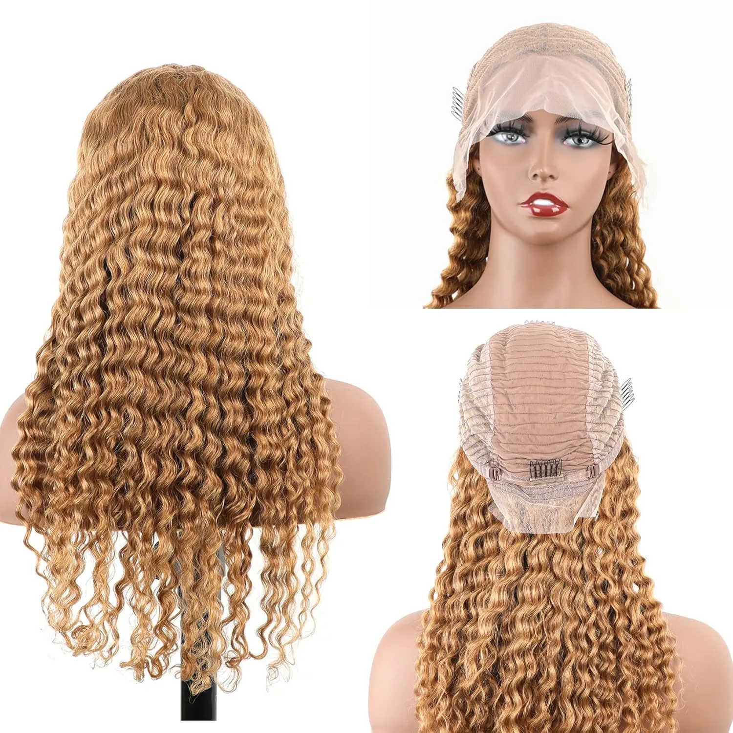 BLY Light Brown Colored 10A Human Hair Blonde Wig Lace Front for Women 13x4 HD Transparent Pre Plucked Deep Wave Curly Glueless Wigs 180% Density #27 Color 22 Inch