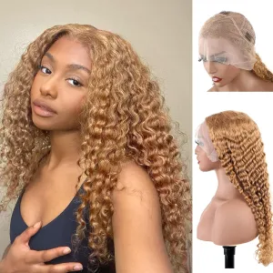 BLY Light Brown Colored 10A Human Hair Blonde Wig Lace Front for Women 13x4 HD Transparent Pre Plucked Deep Wave Curly Glueless Wigs 180% Density #27 Color 22 Inch