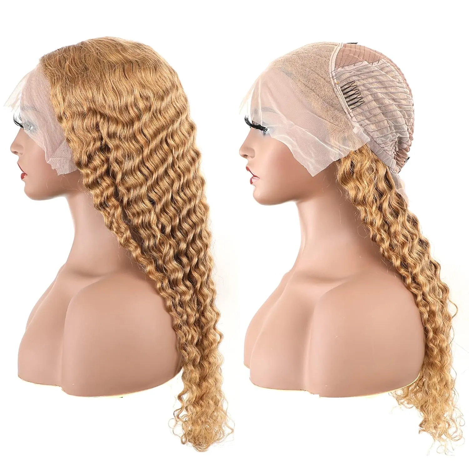 BLY Light Brown Colored 10A Human Hair Blonde Wig Lace Front for Women 13x4 HD Transparent Pre Plucked Deep Wave Curly Glueless Wigs 180% Density #27 Color 22 Inch