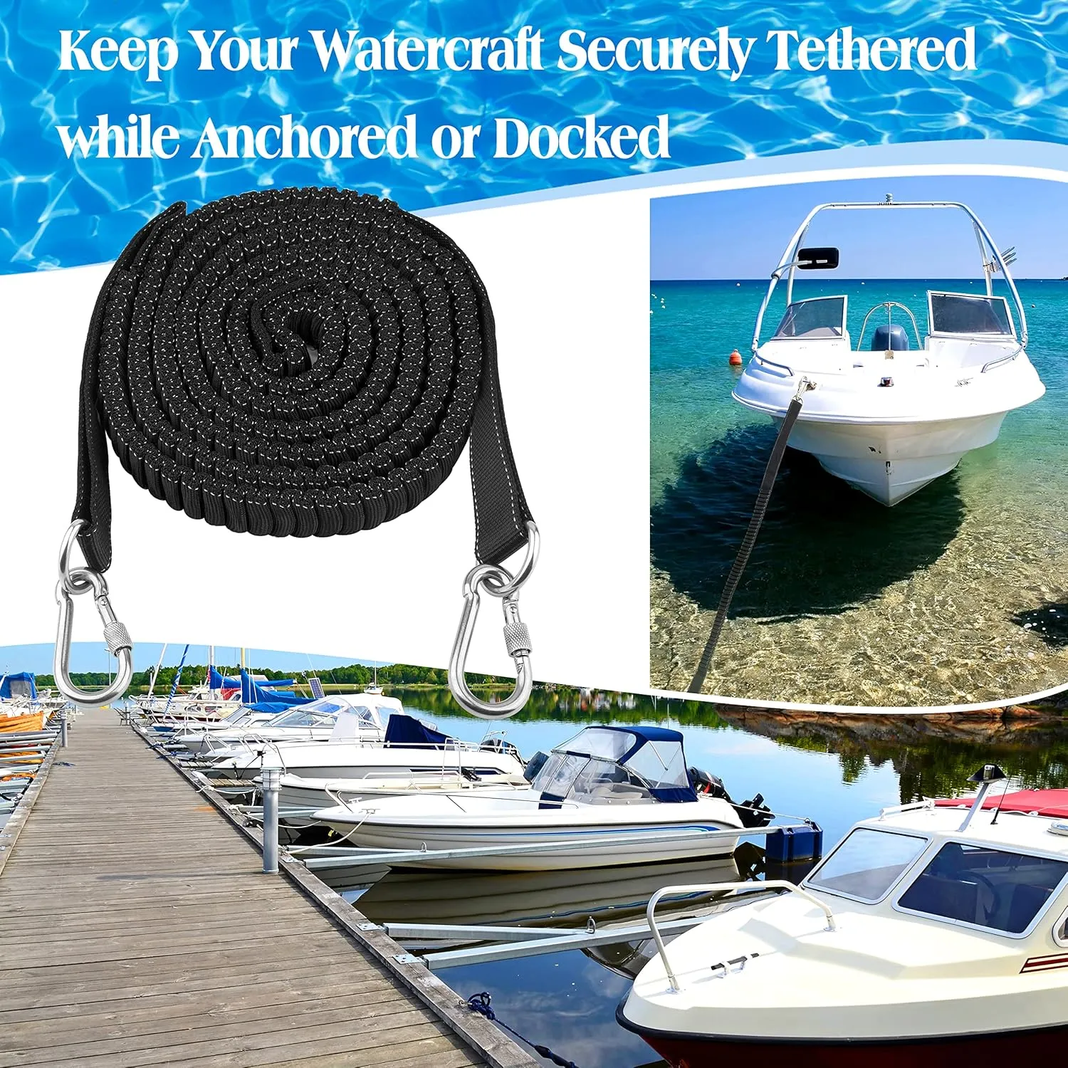 Boat Bungee Dock Line, 10-18ft Shock Absorption Elastic Mooring Anchor Rope Stretch Cord with Stainless Steel Clip Accessories for Boat, Pontoon, Kayak, Jet Ski, Canoeing, Watercraft