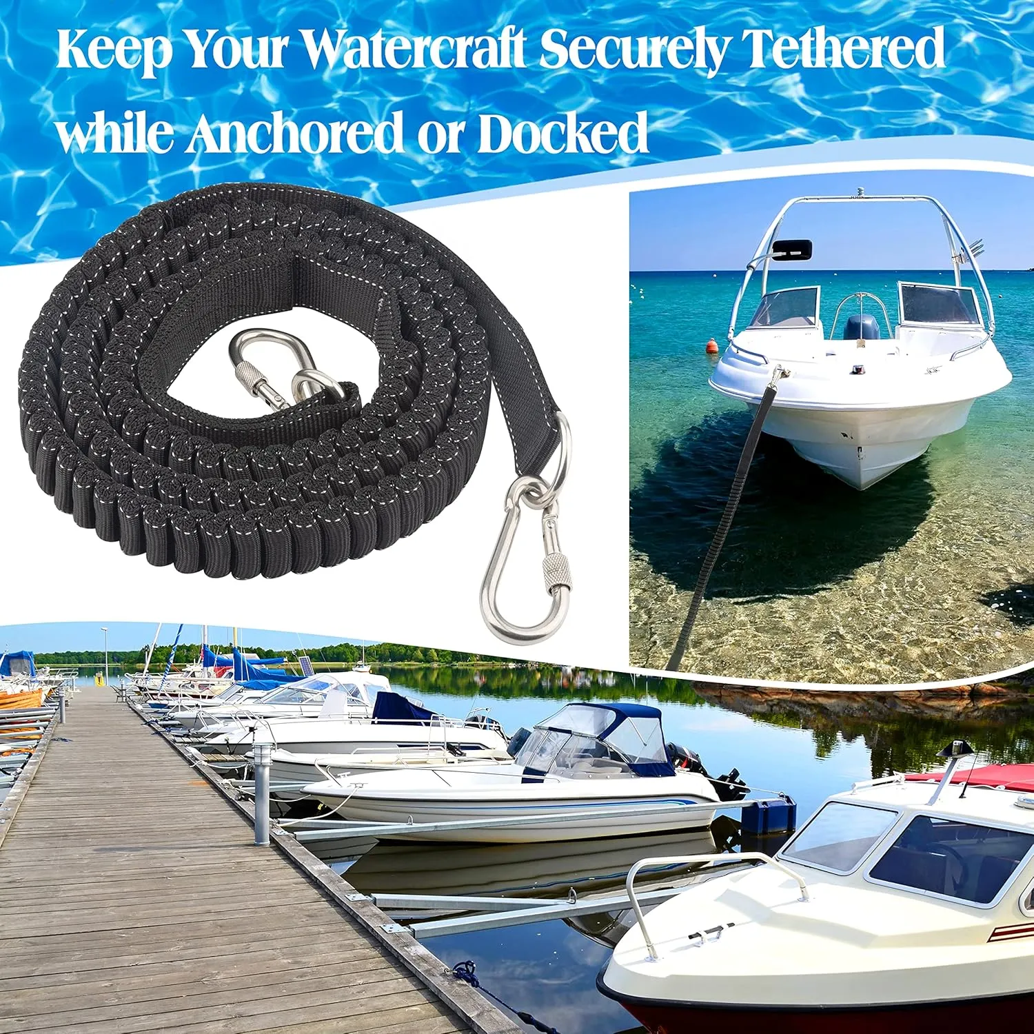 Boat Bungee Dock Line, 6-10ft Shock Absorption Elastic Mooring Anchor Rope Stretch Cord with Stainless Steel Clip Accessories for Boat, Pontoon, Kayak, Jet Ski, Canoeing, Watercraft