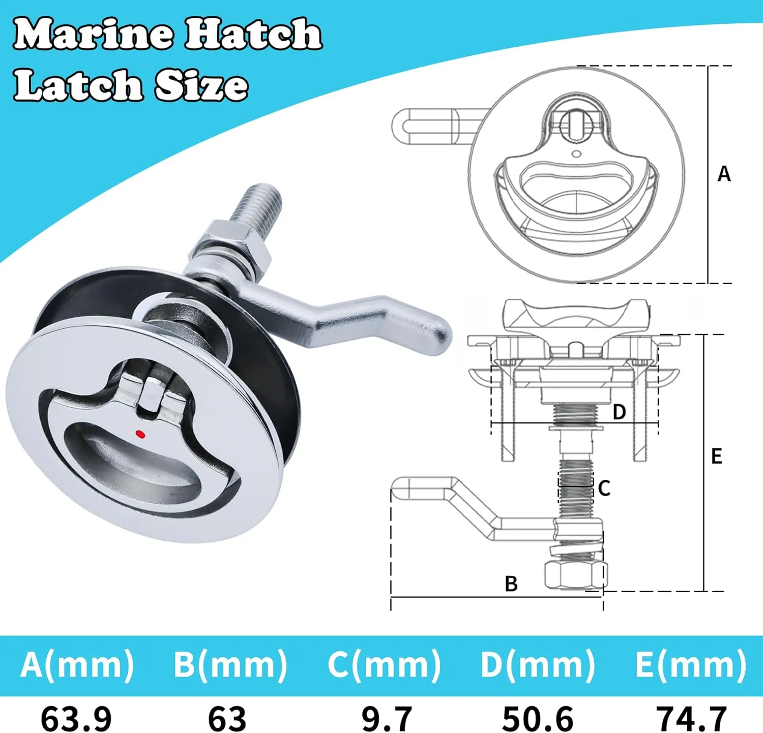 Boat Cam Latch, Marine 316 Stainless Steel Boat Hatch Latch with Back Plate, Flush Pull Handle & Adjustable Arm Includes Installation Screws Marine Hatch Deck Hardware for Ships, Yachts, RVs 1pcs/2pcs