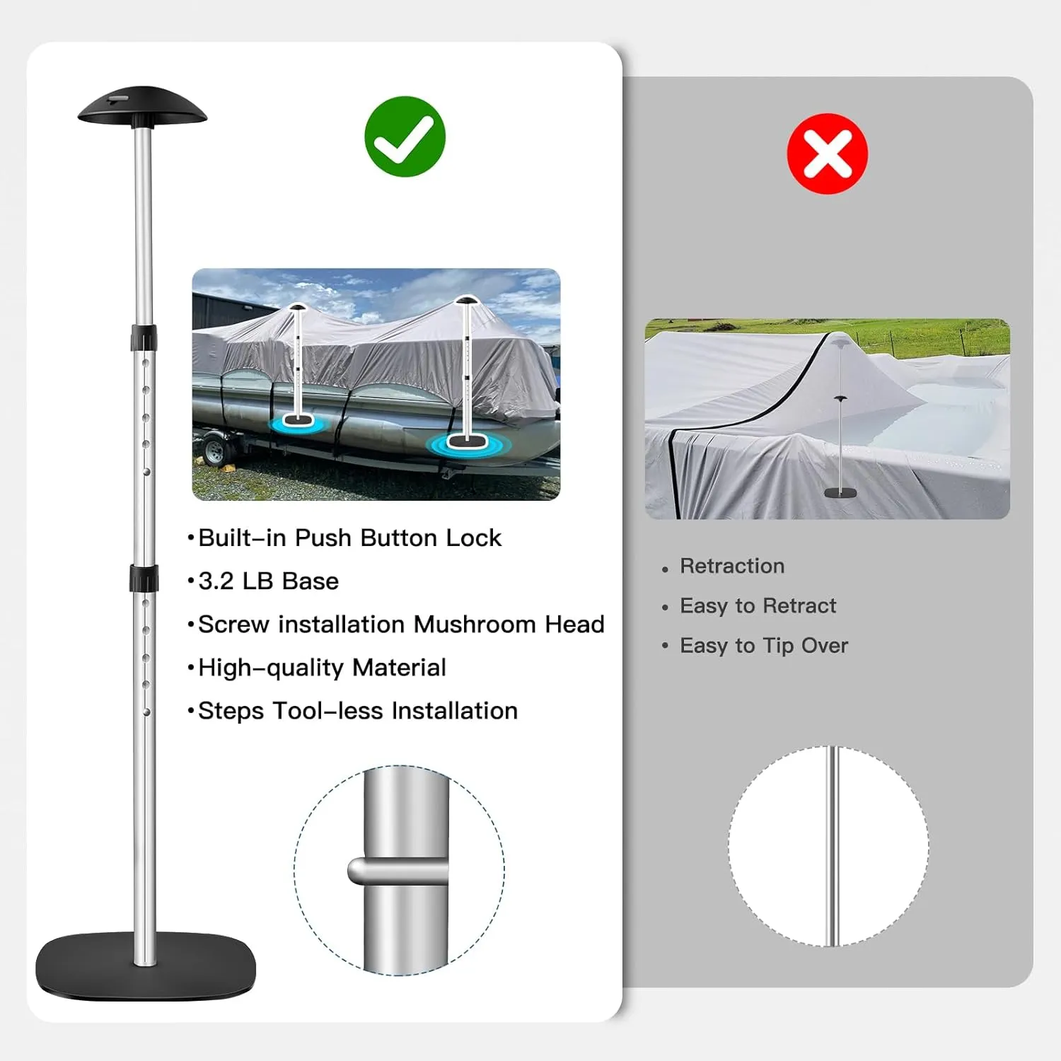 Boat Cover Support Poles with 3.2 LB Metal Base, Adjustable Pontoon Cover Support, Heavy Duty Boat Cover Poles for Pontoon, Aluminum Cover Support System with EVA Protective Foam,2 Pack
