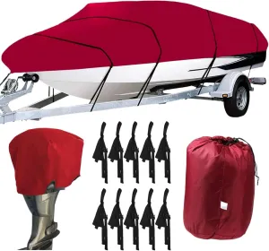 Boat Cover with Motor Cover 11-22 Ft, 600D Heavy Duty Waterproof Boat Cover, UV Resistant Fishing Boat Cover, Trailerable Boat Cover fits V-Hull Tri-Hull Runabouts (Red, 19-20ft)