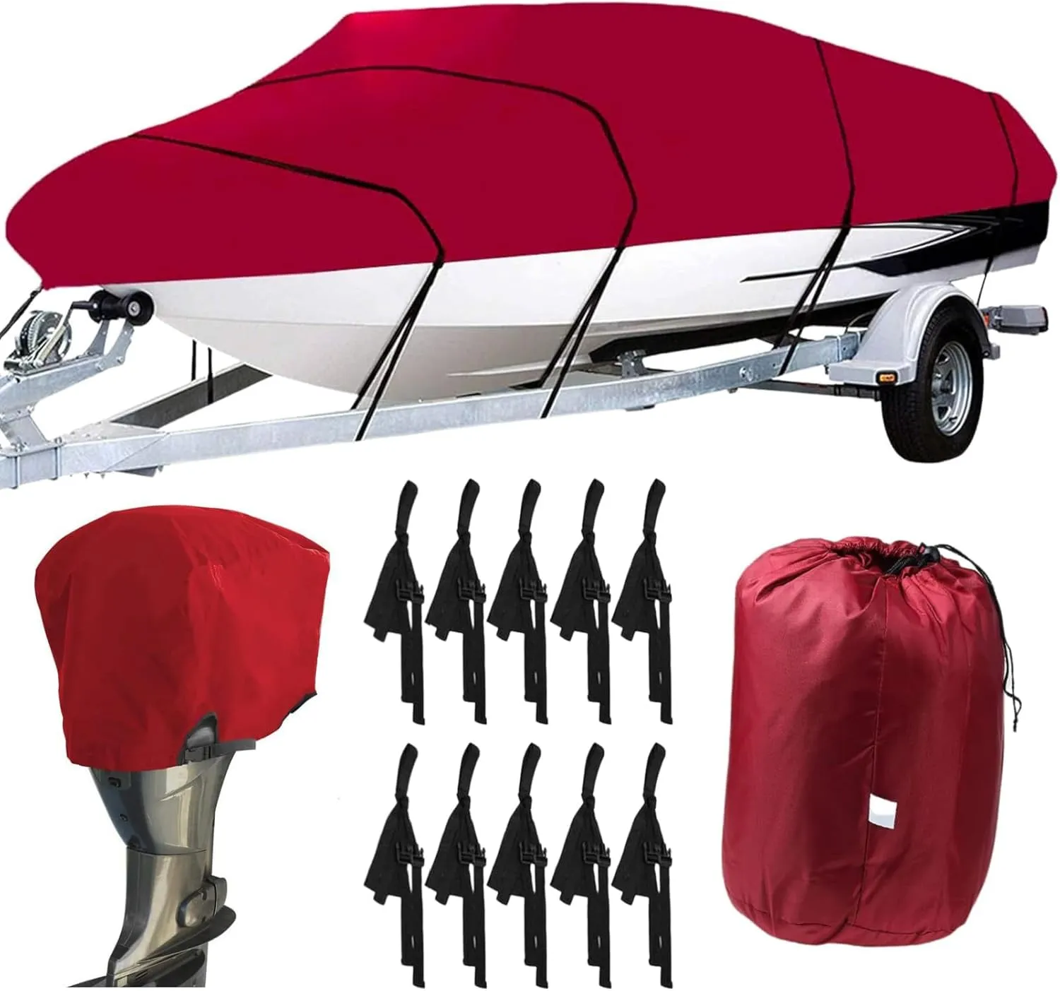 Boat Cover with Motor Cover 11-22 Ft, 600D Heavy Duty Waterproof Boat Cover, UV Resistant Fishing Boat Cover, Trailerable Boat Cover fits V-Hull Tri-Hull Runabouts (Red, 19-20ft)