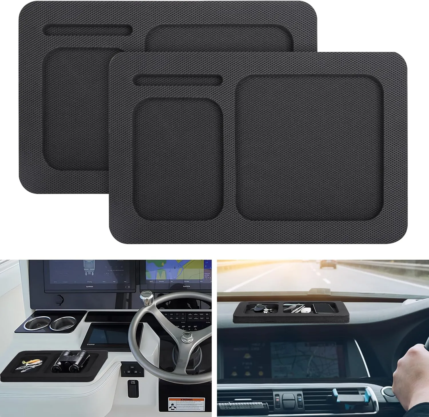 Boat Dash Pad, EVA Foam Holder, Center Console Accessory, 2 Compartment Cell Phone Dashboard Organizer, Adhesive Back for Sea Marine Fishing Boating Deck Tool, 1510In (Black)