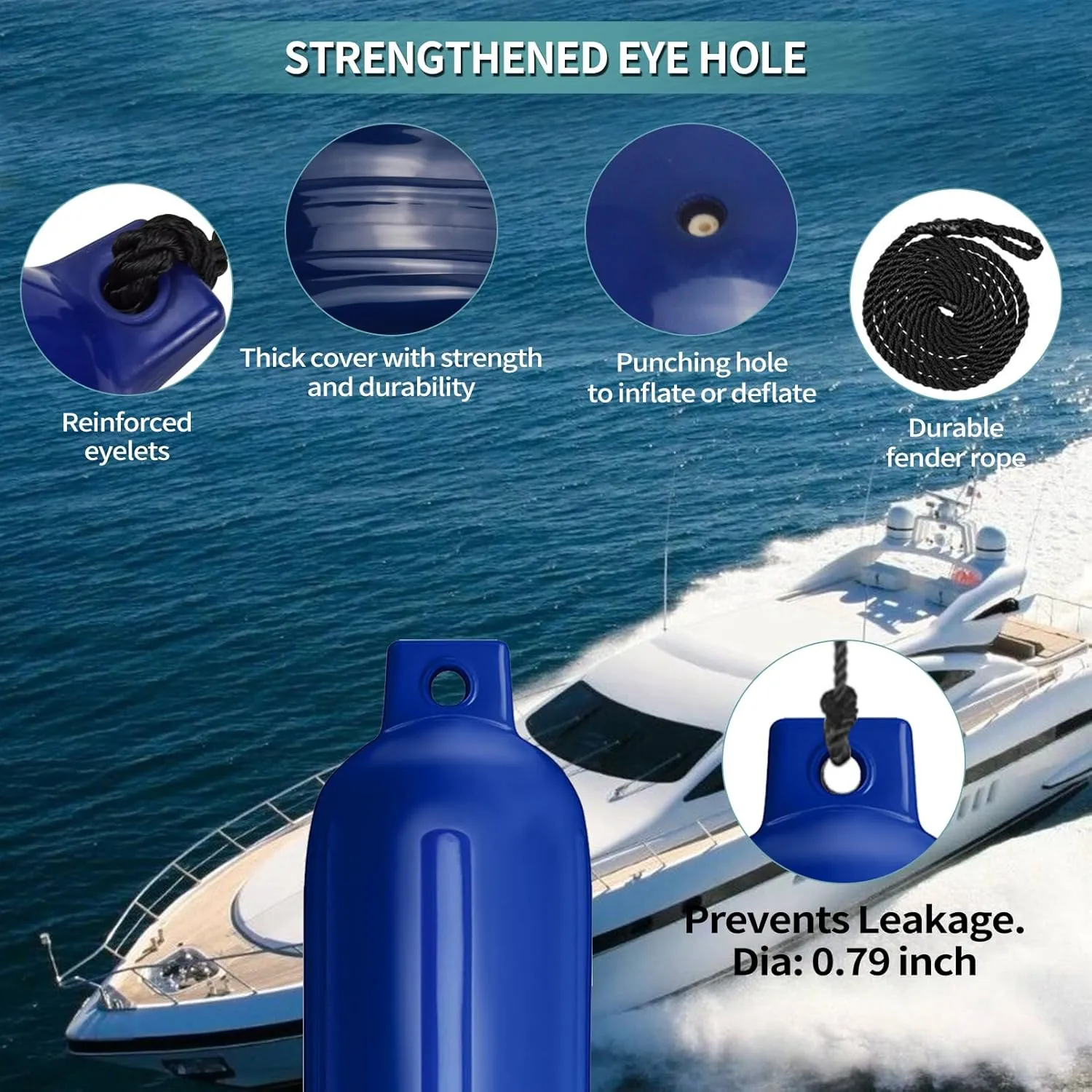 Boat Fenders 4Pack 4.5"/5.5."/6.5"/8.5" Inflatable Ribbed Marine Boat Fender with Fender Lines 6.5ft Needles and Pump for Twin Eyes Boat Fender Bumpers for Docking Fenders Use to Yacht Etc