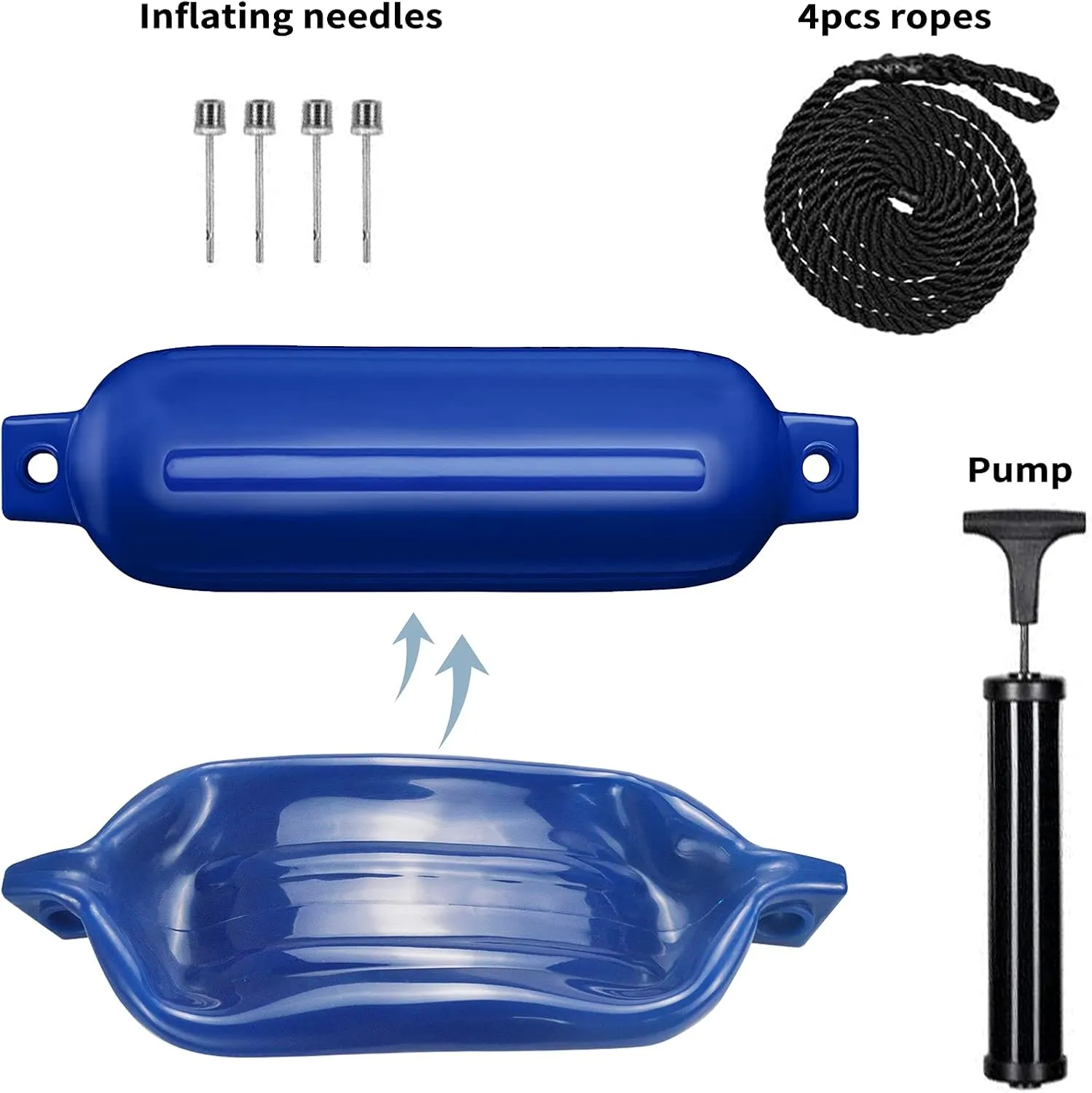 Boat Fenders 4Pack 4.5"/5.5."/6.5"/8.5" Inflatable Ribbed Marine Boat Fender with Fender Lines 6.5ft Needles and Pump for Twin Eyes Boat Fender Bumpers for Docking Fenders Use to Yacht Etc