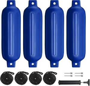 Boat Fenders 4Pack 4.5"/5.5."/6.5"/8.5" Inflatable Ribbed Marine Boat Fender with Fender Lines 6.5ft Needles and Pump for Twin Eyes Boat Fender Bumpers for Docking Fenders Use to Yacht Etc