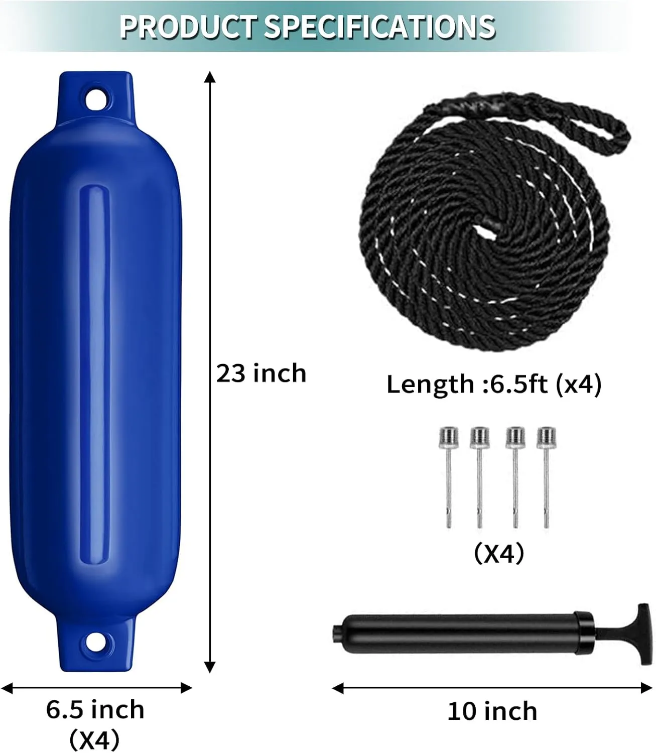 Boat Fenders 4Pack 4.5"/5.5."/6.5"/8.5" Inflatable Ribbed Marine Boat Fender with Fender Lines 6.5ft Needles and Pump for Twin Eyes Boat Fender Bumpers for Docking Fenders Use to Yacht Etc