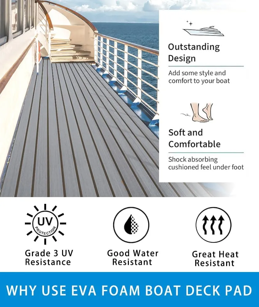 Boat Flooring EVA Foam 3M Self-Adhesive Decking Boat Carpet Faux Teak Marine Carpet Non-Slip Flooring for RV Floor Yacht Trailer Swim Platform Stair Steps(Darkgrey/Black Lines,94.5"x24")