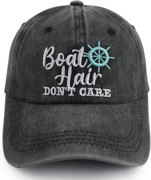 Boat Hair Don't Care Hats for Men Women, Adjustable Embroidered Cotton Washed Distressed Denim Fishing Baseball Cap