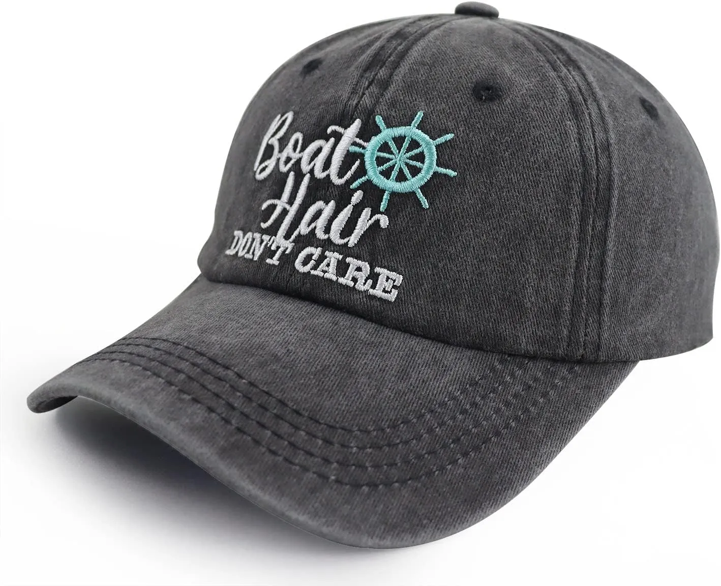 Boat Hair Don't Care Hats for Men Women, Adjustable Embroidered Cotton Washed Distressed Denim Fishing Baseball Cap