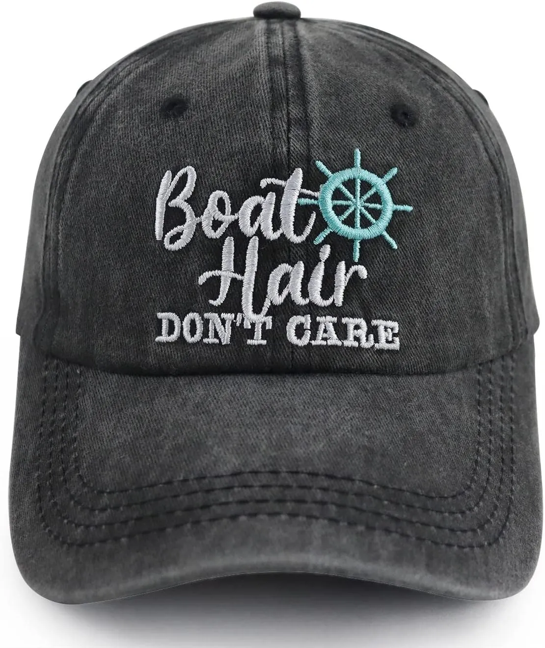 Boat Hair Don't Care Hats for Men Women, Adjustable Embroidered Cotton Washed Distressed Denim Fishing Baseball Cap