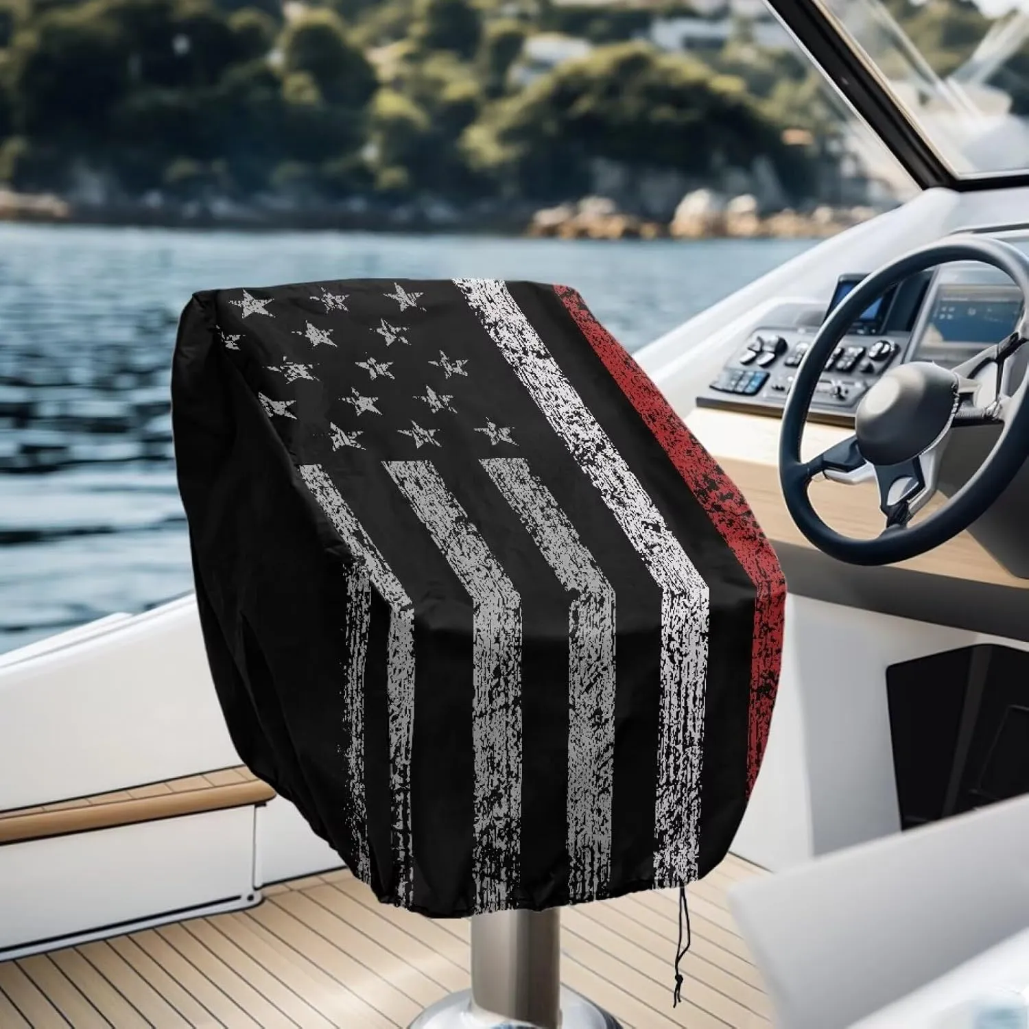 Boat Seat Cover,Waterproof Captains Chair Boat Seat Cover,Black American Flag Pedestal Pontoon Chair Seat Cover, Full Length Protection for Your Helm Chair Cover