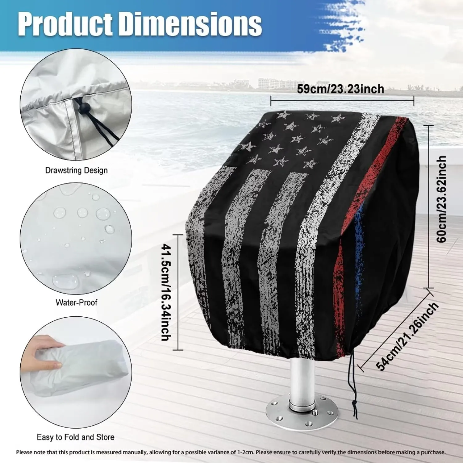 Boat Seat Cover,Waterproof Captains Chair Boat Seat Cover,Black American Flag Pedestal Pontoon Chair Seat Cover, Full Length Protection for Your Helm Chair Cover