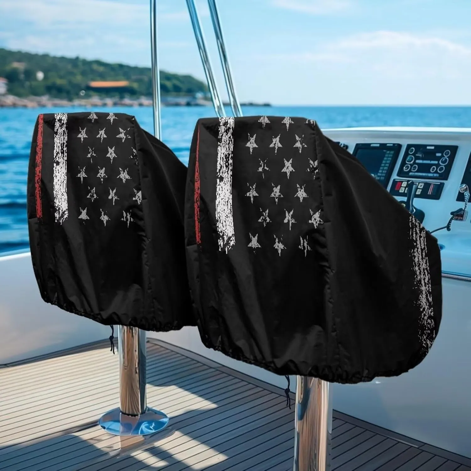 Boat Seat Cover,Waterproof Captains Chair Boat Seat Cover,Black American Flag Pedestal Pontoon Chair Seat Cover, Full Length Protection for Your Helm Chair Cover