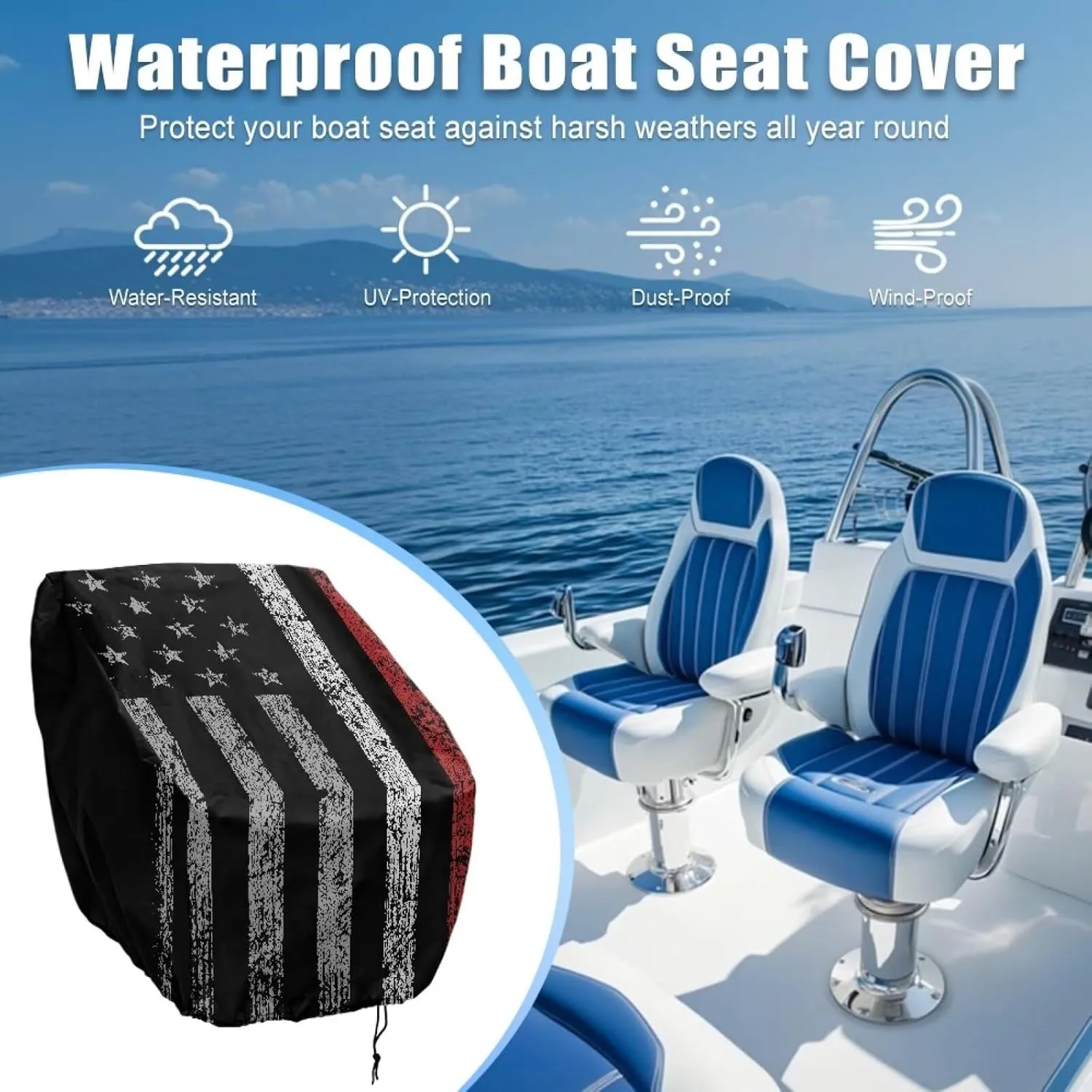 Boat Seat Cover,Waterproof Captains Chair Boat Seat Cover,Black American Flag Pedestal Pontoon Chair Seat Cover, Full Length Protection for Your Helm Chair Cover