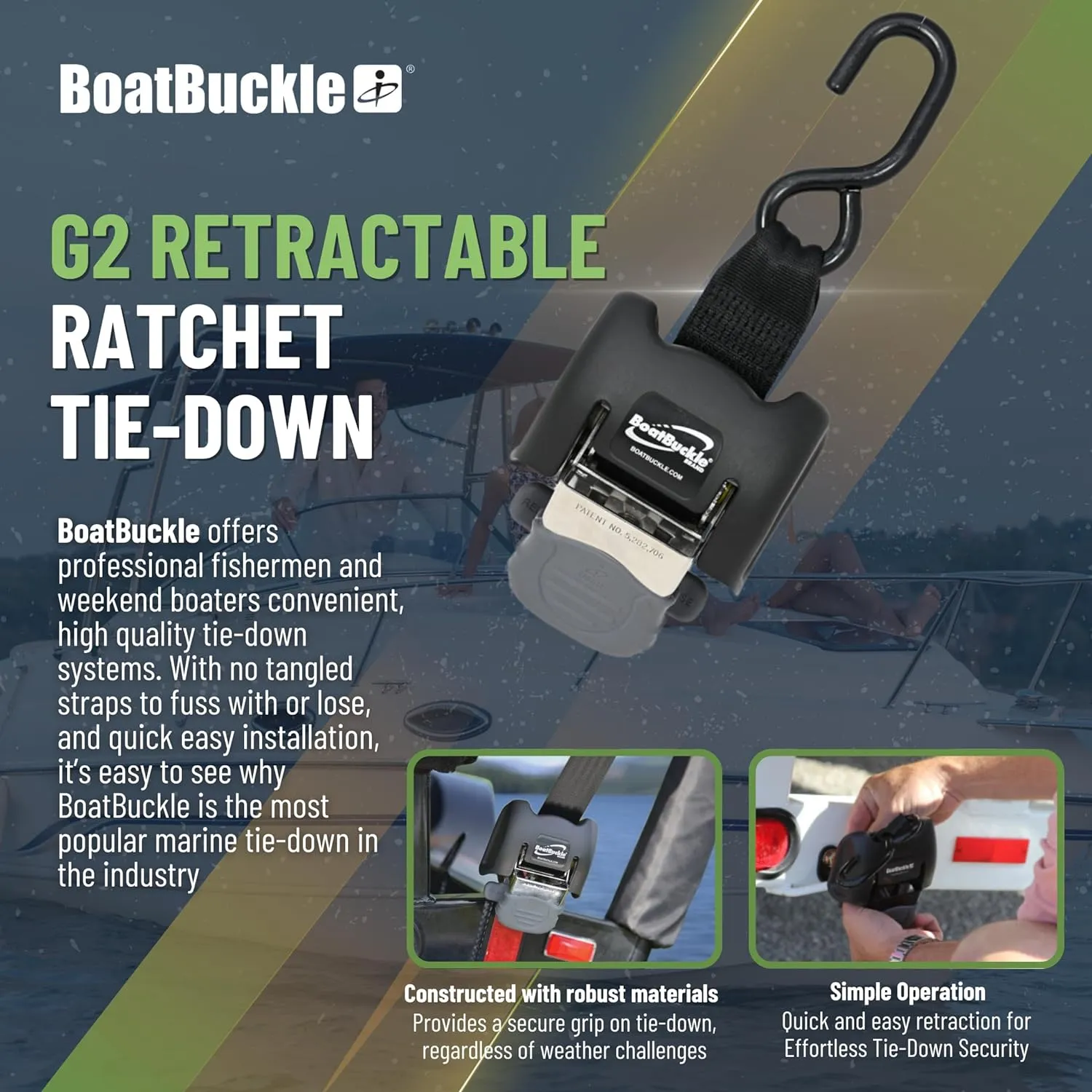 BoatBuckle G2 Stainless Steel Retractable Tie-Down Transom Straps - for Brackish or Saltwater Environments - Ratchet Tie Down Straps for Boats - 1500lbs Break Strength, 2 x 43-Inch, 2-Pack