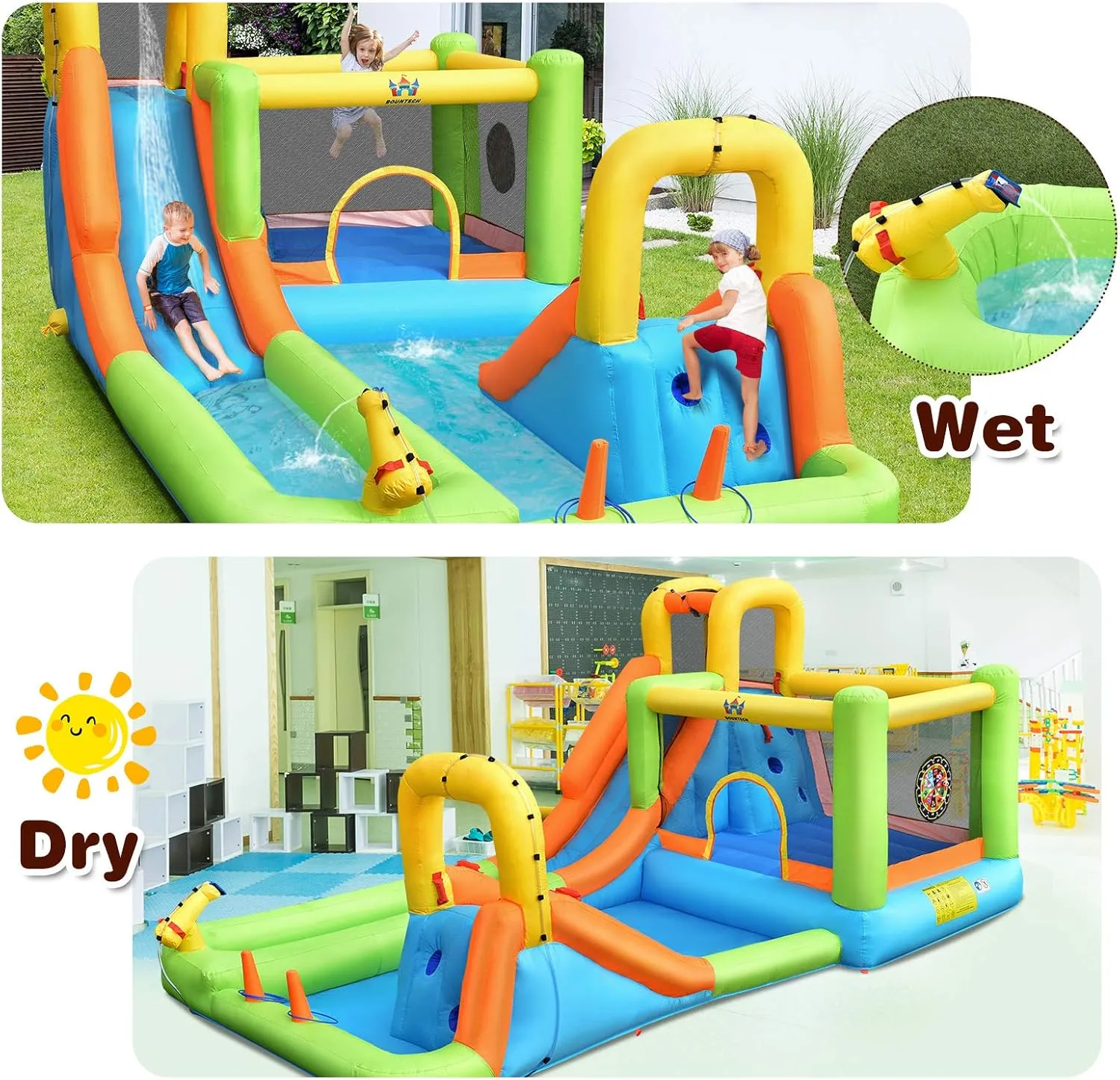 BOUNTECH Inflatable Water Slide, 8 in 1 Mega Waterslide Park Bounce House for Outdoor Fun w/950W Blower, Long Slide, Splash Pool, Water Slides Inflatables for Kids and Adults Backyard Party Gifts