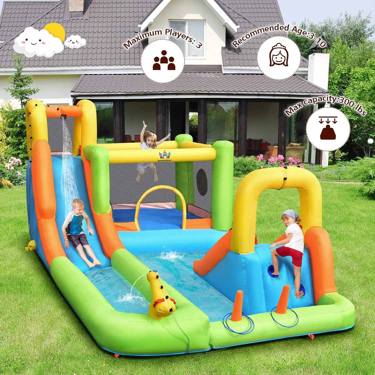 BOUNTECH Inflatable Water Slide, 8 in 1 Mega Waterslide Park Bounce House for Outdoor Fun w/950W Blower, Long Slide, Splash Pool, Water Slides Inflatables for Kids and Adults Backyard Party Gifts
