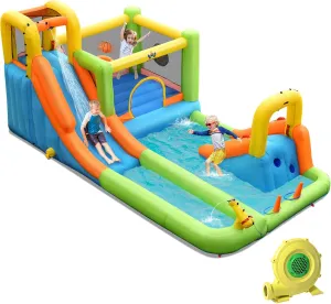 BOUNTECH Inflatable Water Slide, 8 in 1 Mega Waterslide Park Bounce House for Outdoor Fun w/950W Blower, Long Slide, Splash Pool, Water Slides Inflatables for Kids and Adults Backyard Party Gifts