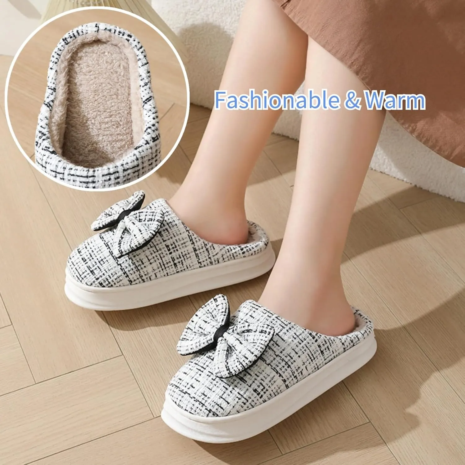 Bow House Slippers Women's Soft Fleece Home Slippers with Bows Winter Warm Plush Slippers Cozy Indoor Cute Bow Tie Slippers Fuzzy Bedroom Slippers Shoes Slip On Non Slip
