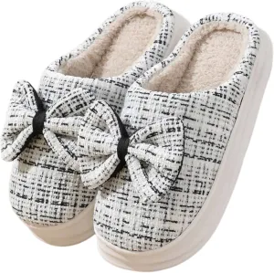 Bow House Slippers Women's Soft Fleece Home Slippers with Bows Winter Warm Plush Slippers Cozy Indoor Cute Bow Tie Slippers Fuzzy Bedroom Slippers Shoes Slip On Non Slip