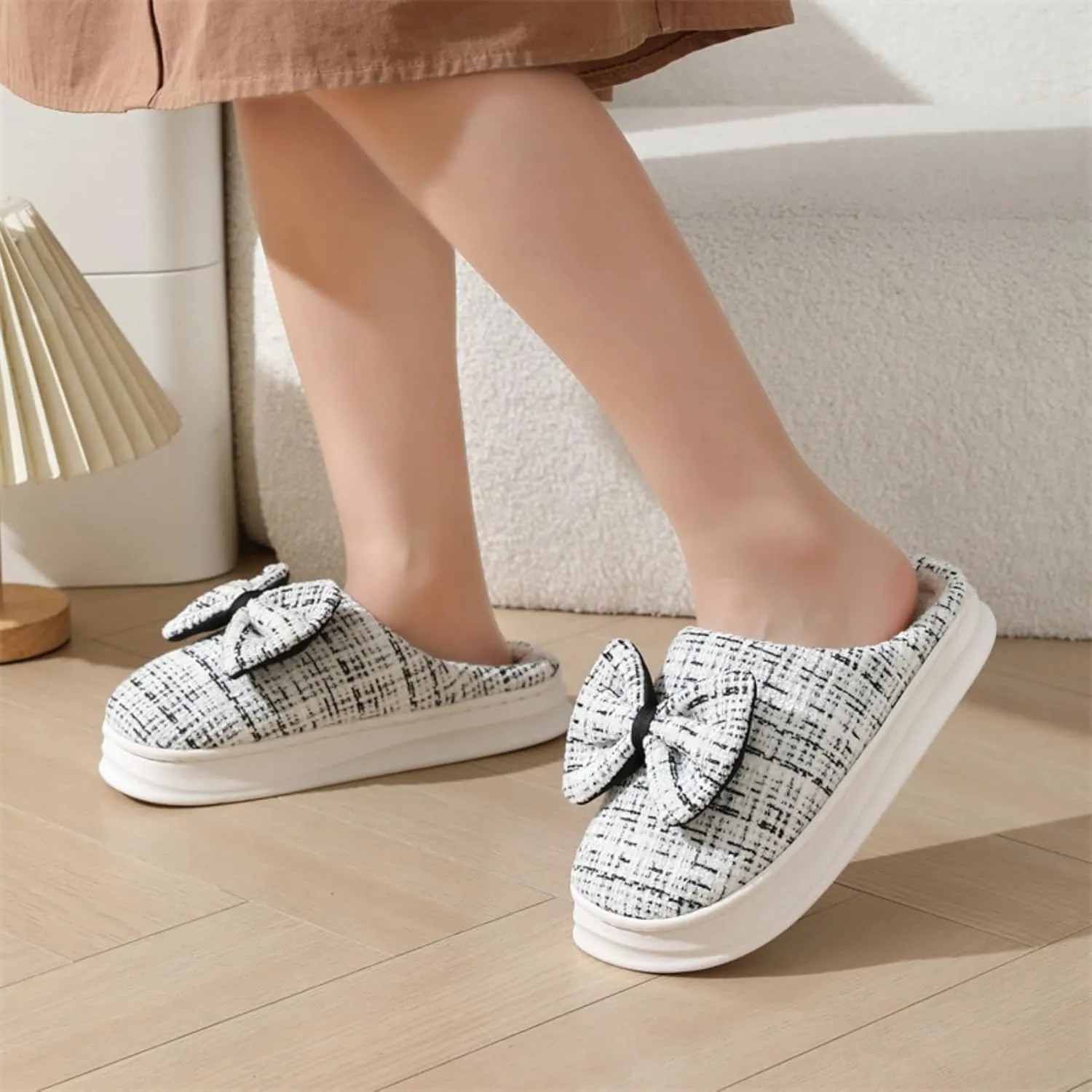 Bow House Slippers Women's Soft Fleece Home Slippers with Bows Winter Warm Plush Slippers Cozy Indoor Cute Bow Tie Slippers Fuzzy Bedroom Slippers Shoes Slip On Non Slip