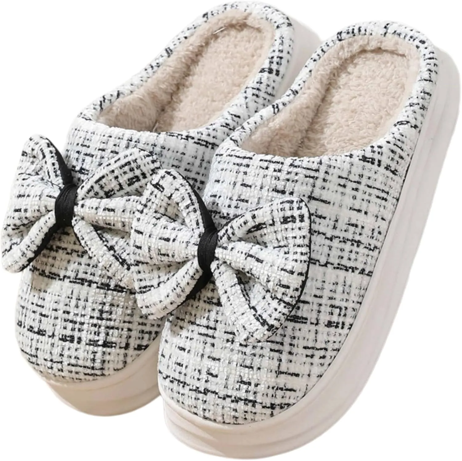 Bow House Slippers Women's Soft Fleece Home Slippers with Bows Winter Warm Plush Slippers Cozy Indoor Cute Bow Tie Slippers Fuzzy Bedroom Slippers Shoes Slip On Non Slip
