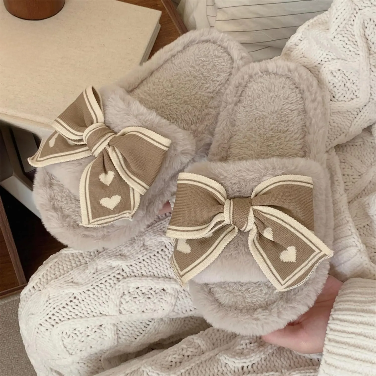 Bow Slippers for Women Indoor Open Toe Plush Bow Tie Slides House Shoes Soft Non-Slip Sole Slip On Slippers with Bows Winter Warm Home Cotton Slippers Bedroom Slippers Outdoor Wear