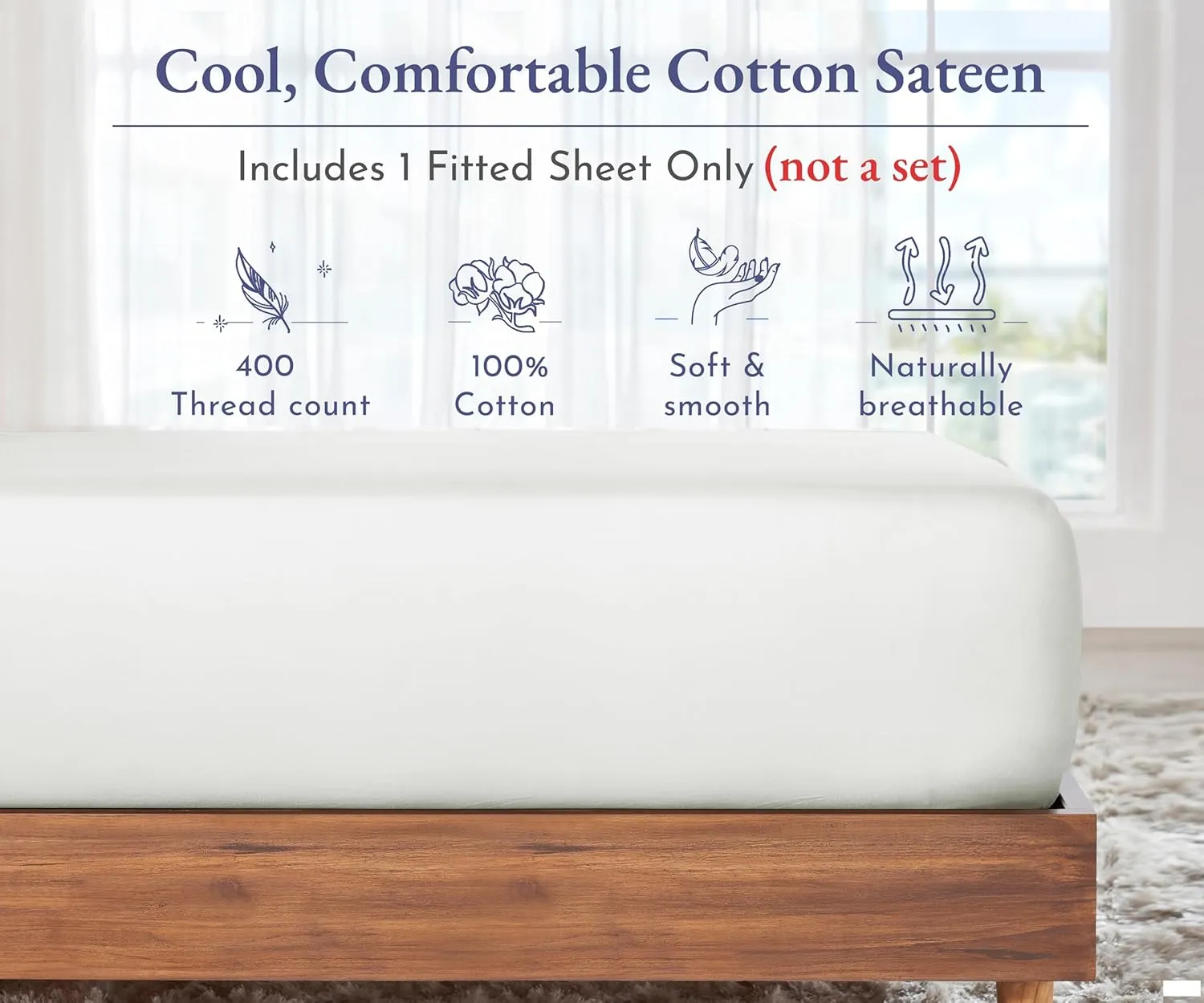 California Design Den Fitted Cotton Sheet Queen, Deep Pocket Soft 400 Thread Count 100% Cotton Sateen, No Pop-Off Elastic, Durable Fitted Sheet Only (Queen, Pale Ivory)